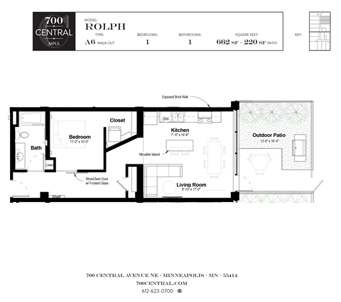 Floor plan for 1 bed, 1 bath, 662 sqft